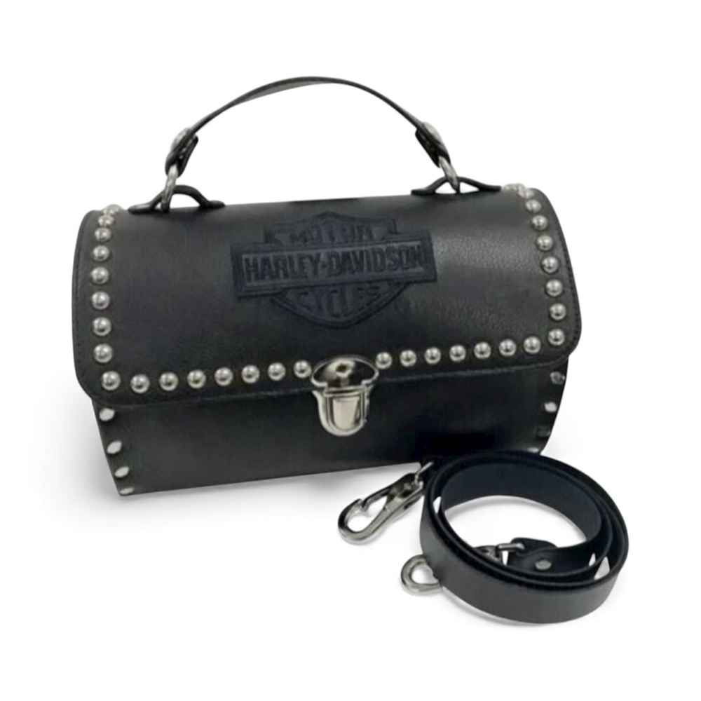 Harley-Davidson Black Leather Barrel Satchel Studded Bag